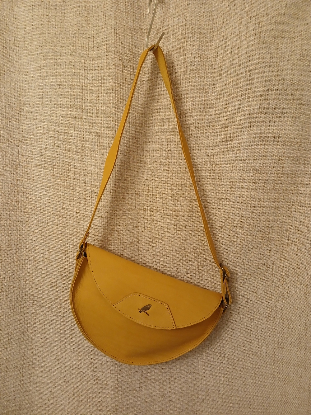 Mustard Yellow Tan Genuine Leather Soft Crescent Shoulder Bag with Bird Accent